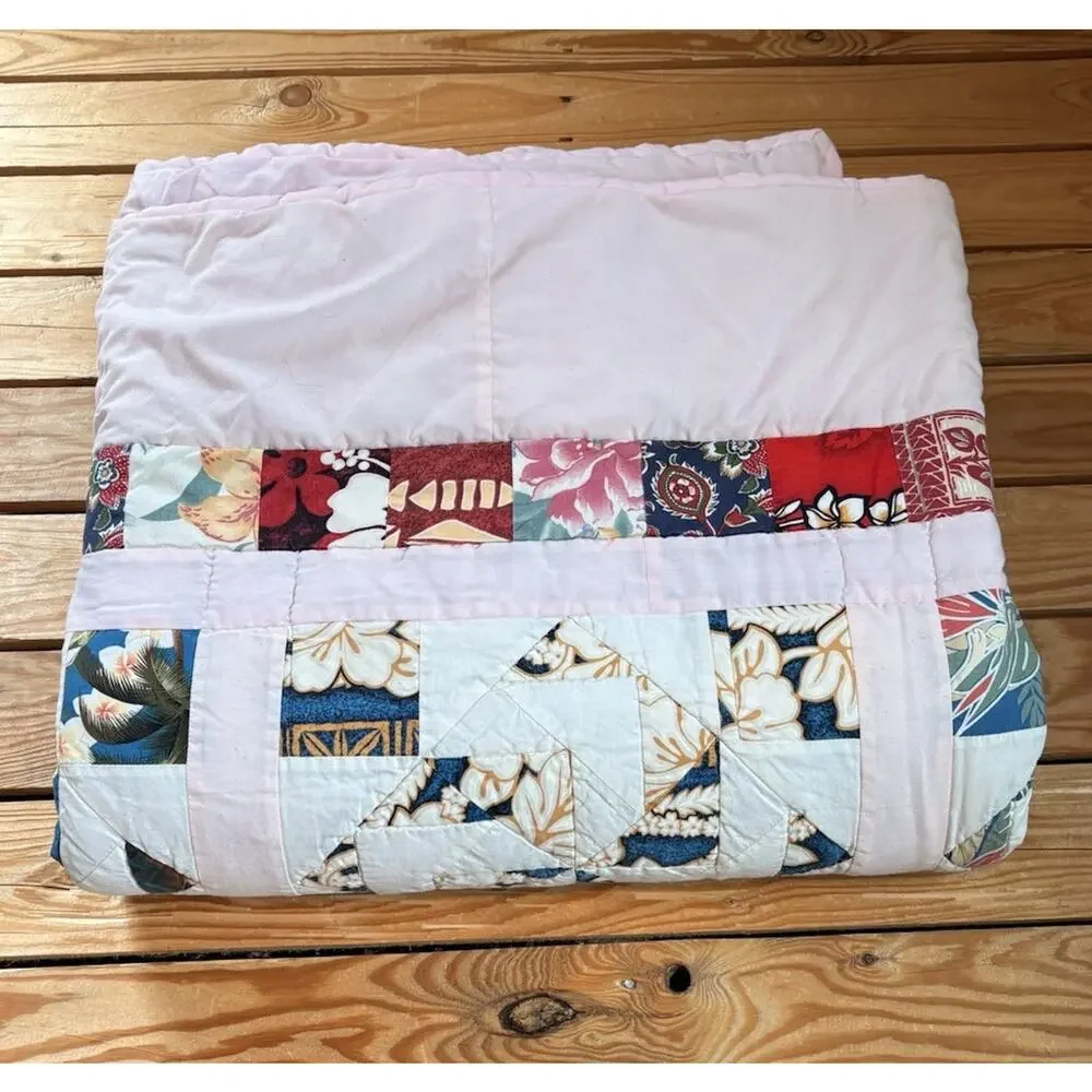 Vintage Handmade Hawaiian Pattern Patchwork Quilt Size 74x74 Pink M7